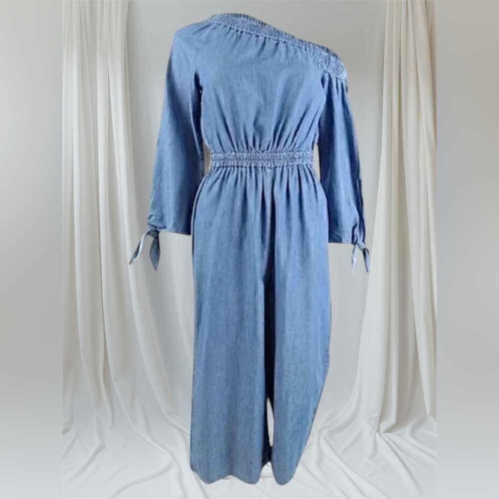 Michael Kors Women's Off The Shoulder Cropped Jumpsuit Blue Size Large NWOT - Picture 4 of 8